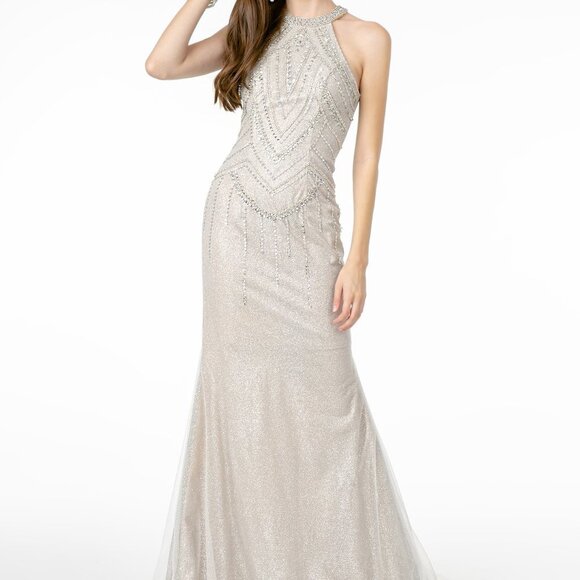 Silver Glitter Beaded Prom Party Long Dress GL1841